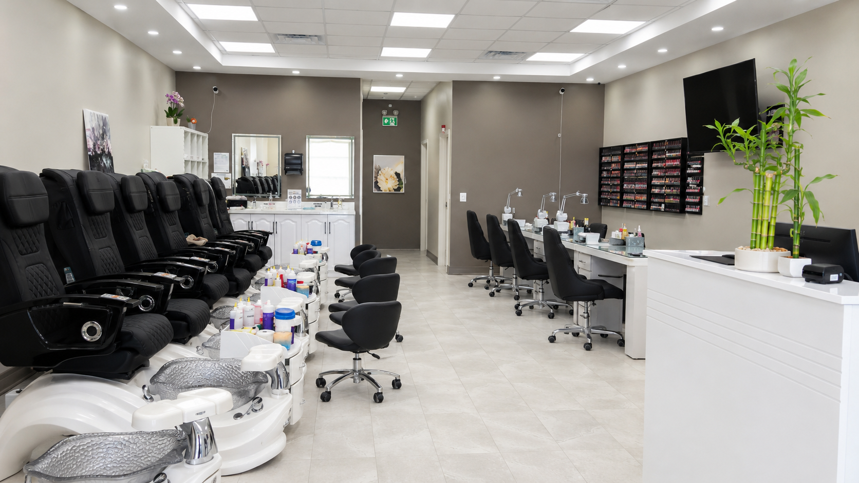 Marble manicure bar with pedicure stations and crystal display